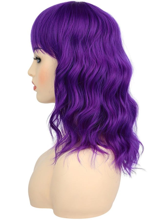 morvally Short Wavy Wig with Bangs for Women 16 Inches Natural Synthetic Hair Bob Wigs (Dark Purple) - Image 5
